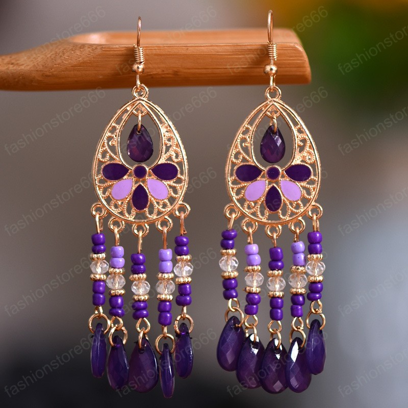 Fashion Bride Wedding Dangle Earrings Colrful Crystal Water Drop Tassel Earring for Women Vintage Flower Bohemian Earring Boho Jewelry