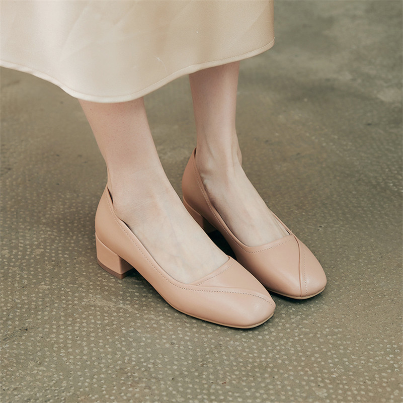 Women Shoes Mid Heel Pumps Ladies Round Toe Thick Heels Footwear Female Summer Dress Khaki Large Size 10.5 210517