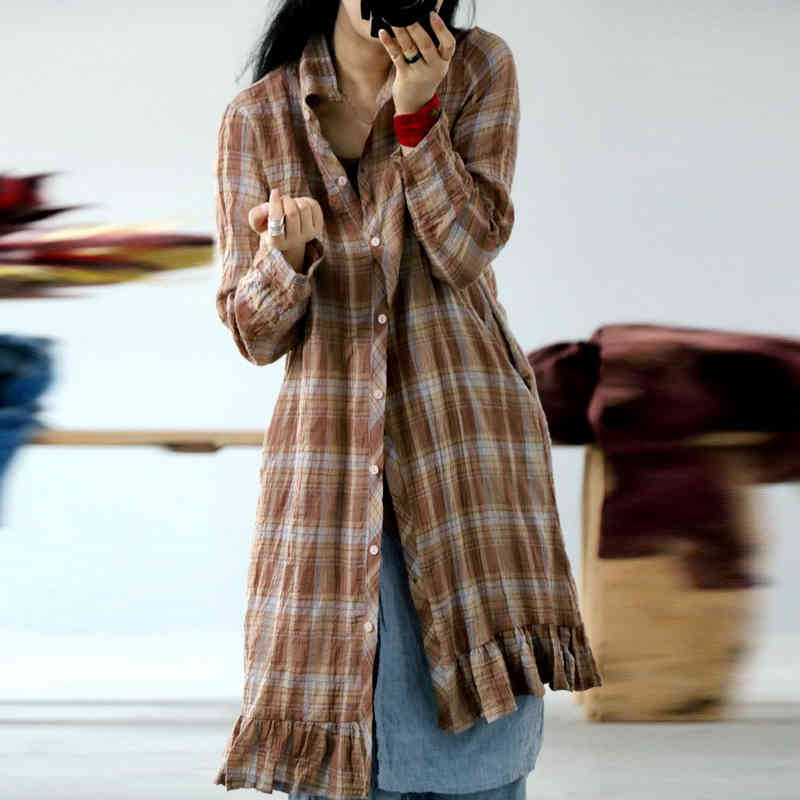 Johnature Retro Plaid Turn-down Collar Linen Ruffles Shirts Autumn Loose Leisure Fashion Women Tops Long Shirts 210521, Khaki
Johnature Retro Plaid Turn-down Collar Linen Ruffles Shirts Autumn Loose Leisure Fashion Women Tops Long Shirts 210521, Khaki