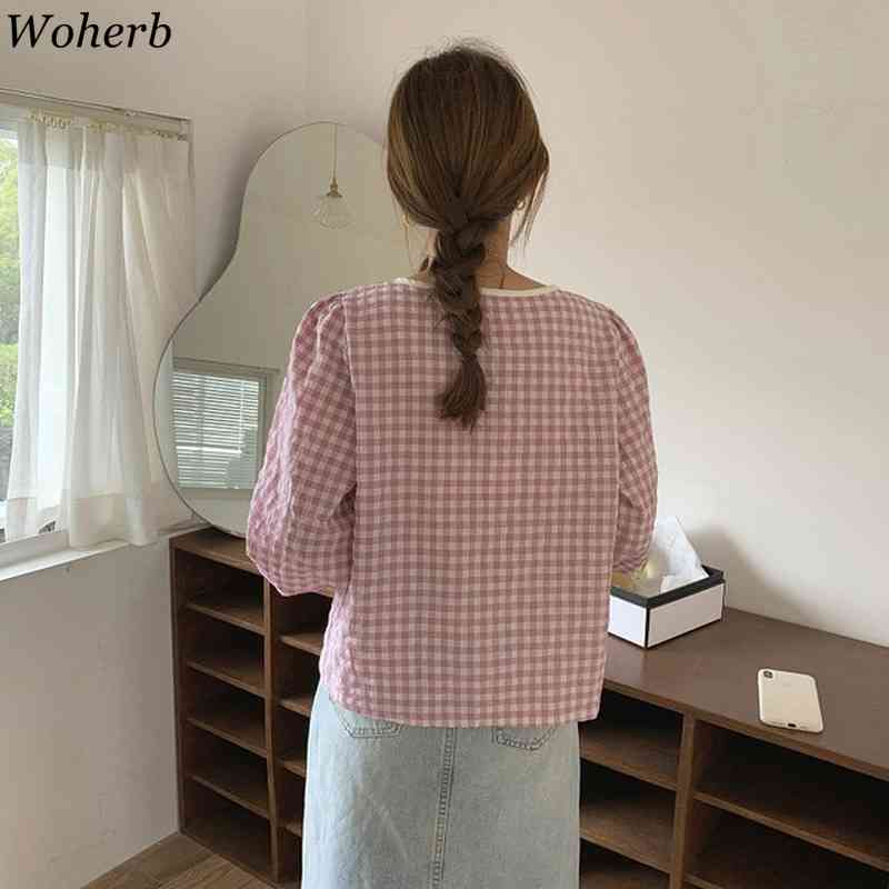 Women Plaid Shirt Long Sleeve Crew Neck Single Breasted Loose Female Tops Harajuku Cute Blouses Casual Korean Chic Blusas 210519