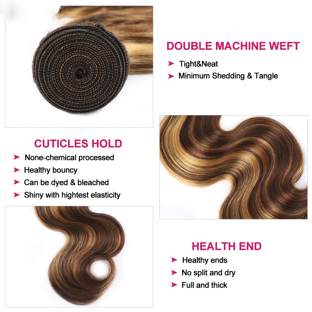 Brazilian Ombre 3 Bundles Body Wave Human Hair P4/27 Brown with Highlight Color Remy Weaves 100g/pcs