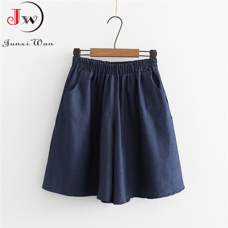 Korean Fashion Women Denim Skirt Shorts Summer Solid Elastic Waist Loose Casual Five-Point Wide Leg Short Pants Jeans 210510