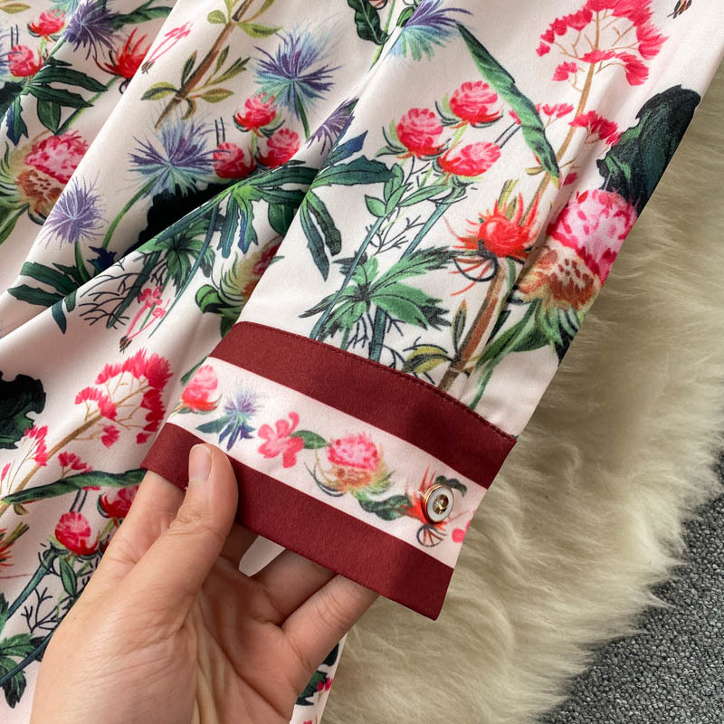 LoveFlowerLife Spring Autumn Casual Solid A Line Floral Print Dress Turndown Collar High Waist Mid Calf Women Dresses 210521