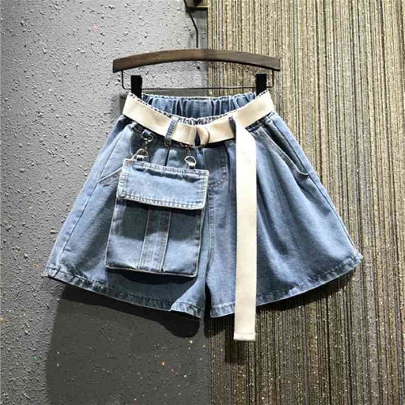 Summer Elastic High Waist with Belt Casual Loose Plus Size 5XL Denim Shorts Women Black Jean Large Pockets Boots Shorts Femme 210611