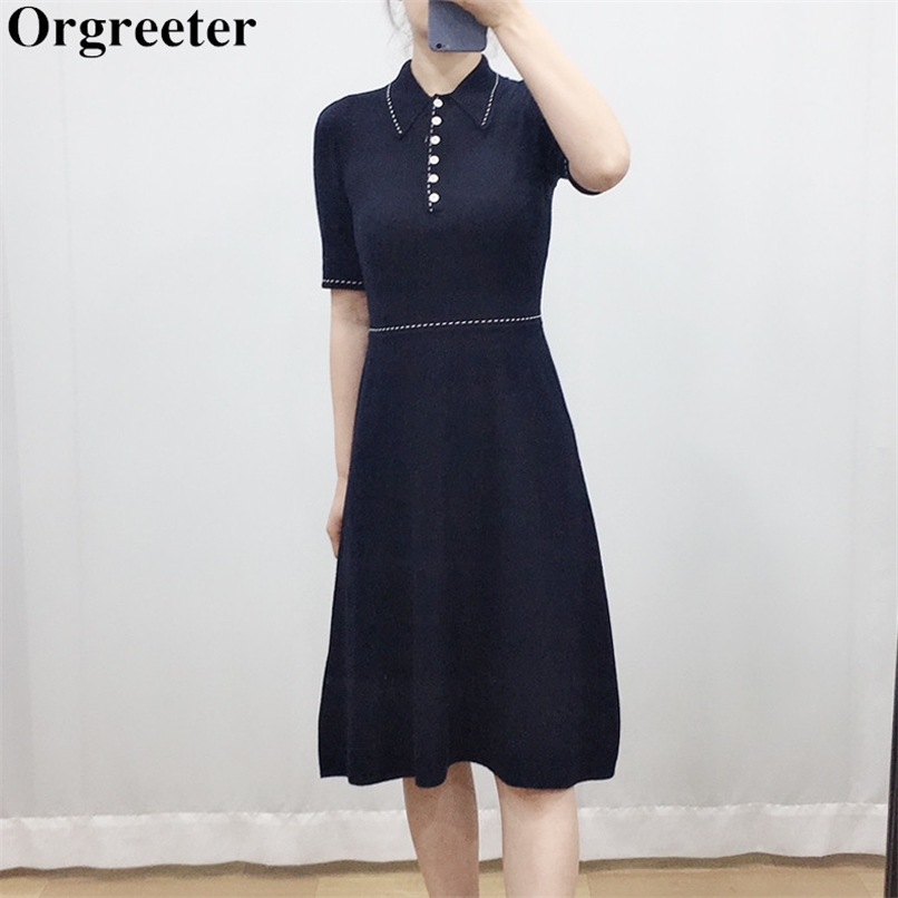 Classic Fashion Design Black Knitted Dress Women Summer Simple Lapel Dotted line Patchwork Short Sleeve Thin Sweater 210602
Classic Fashion Design Black Knitted Dress Women Summer Simple Lapel Dotted line Patchwork Short Sleeve Thin Sweater 210602