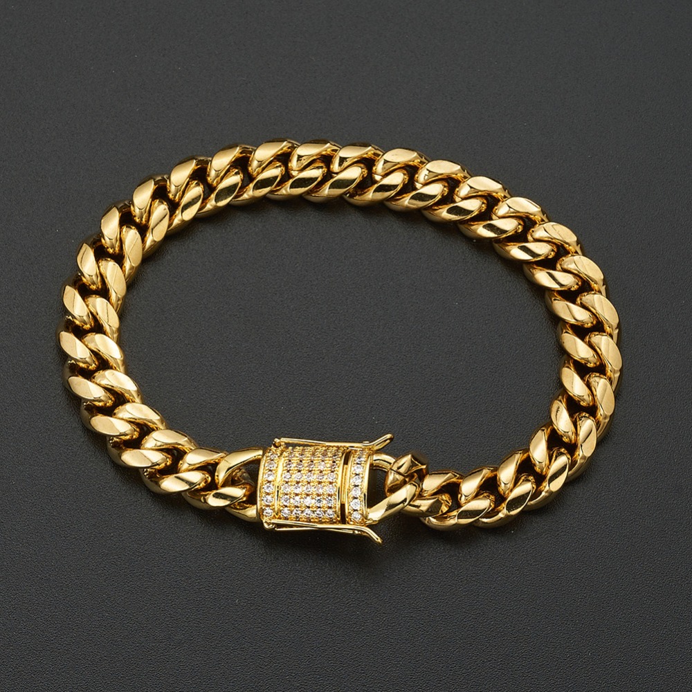 8/10/12/16/18mm CZ Zircon Stainless Steel Gold Cuban Link Chain Bangle Bracelets New in Mens Hip Hop Punk Rock Chains Bracelet Party Jewelry Gifts for