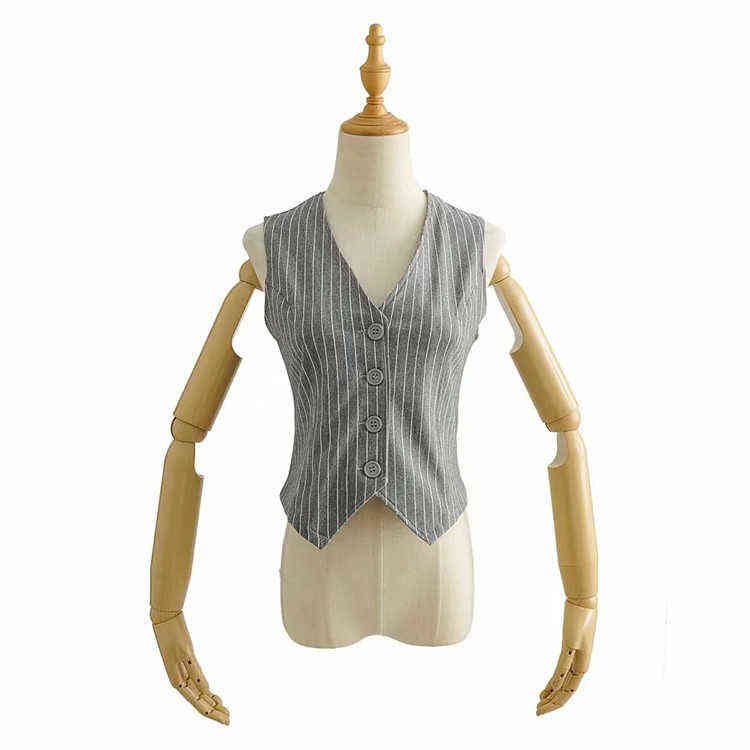 Women's Vest Blazers Striped Crop Tops and Blouses Single Breasted Sleeveless Femme Tanks Vintage Slim V neck Fashion Spring trf 211122