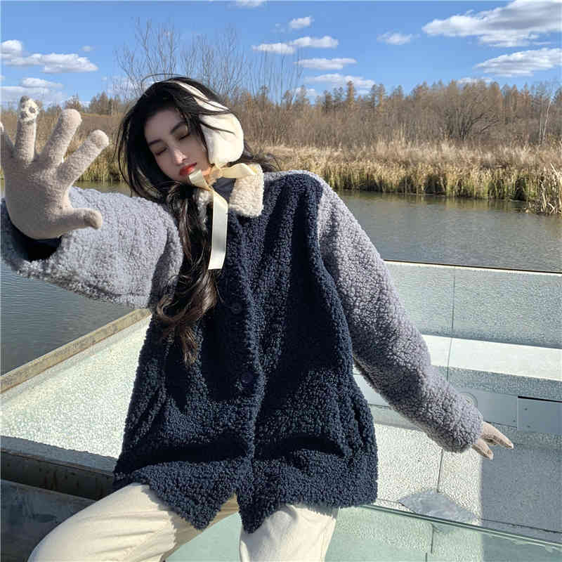 autumn and winter korean style turn down collar vintage lamb wool warm coats and jackets womens cotton coats (C2955) 210423