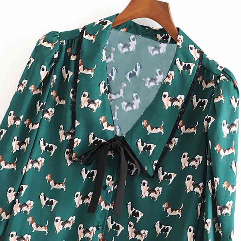 Women Green Dog Print Blouse Shirt Puff Sleeve Elegant Bow Tie Vintage Animal Pattern Top Casual Long Polyester