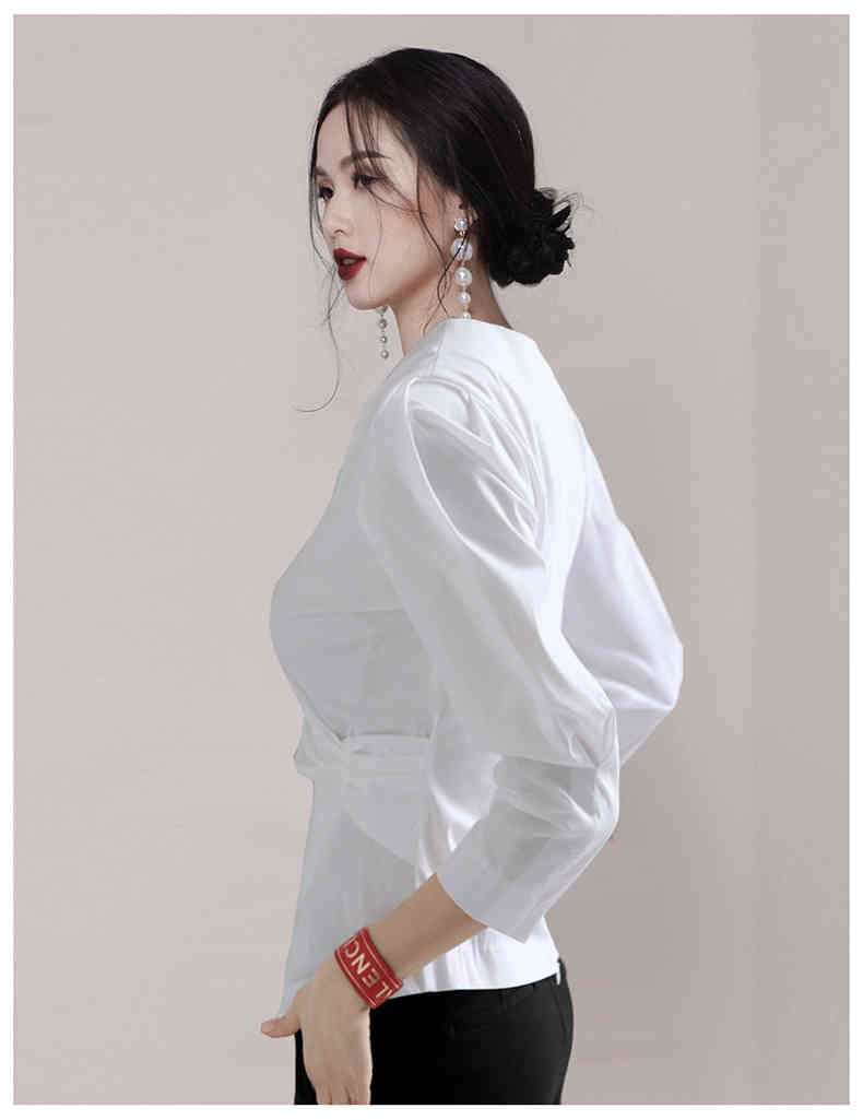 Spring Women White Blouse Shirt Elegant V-Neck Puff Sleeve Office Lady OL Slim Cotton Chic Tops 210519