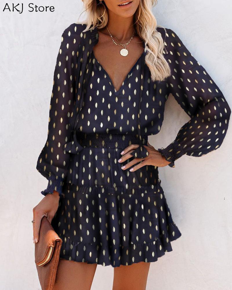 women fashion elegant dot print v neck mini dress leopard print ruffles lantern sleeve dress, Black;gray
women fashion elegant dot print v neck mini dress leopard print ruffles lantern sleeve dress, Black;gray