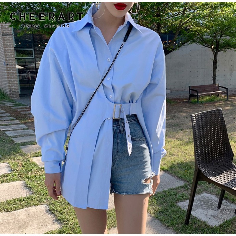 Fall Women Long Sleeve Blouse Blue Button Up Collar Korean Shirt With Belt Causal Top Fashion Clothing 210427