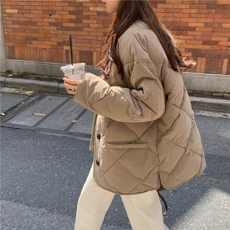 Chic Female Coat Winter Jacket Thick Warm Women Parkas Vintage Elegant Stitching Solid Single-breasted Parka 210421