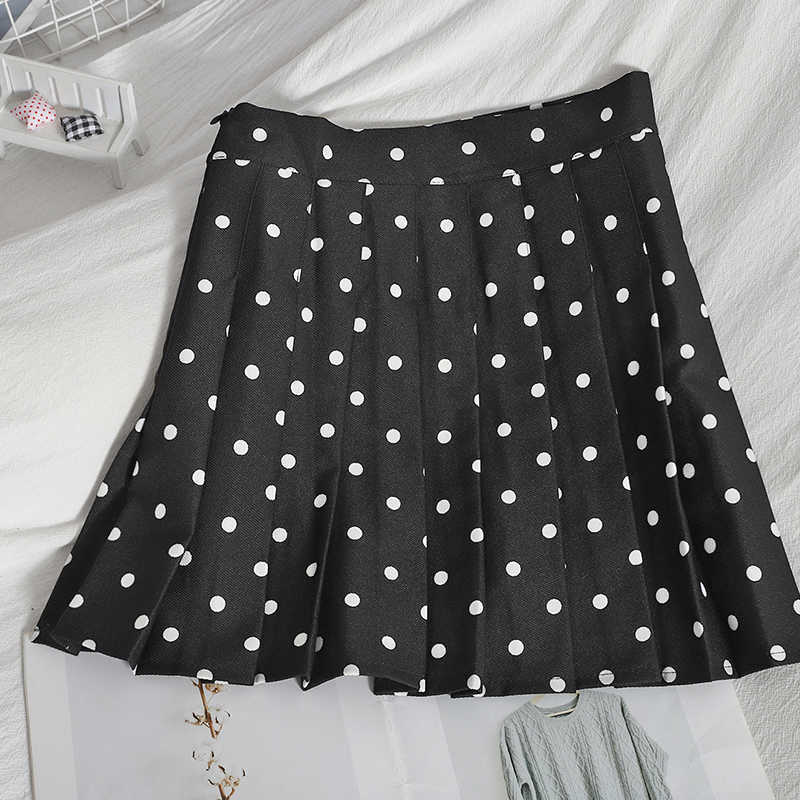 Korean Dot Skirts Womens High Waist Pleated A-line Mini Skirt Causal Spring Summer Faldas Mujer Moda 6G519 210603