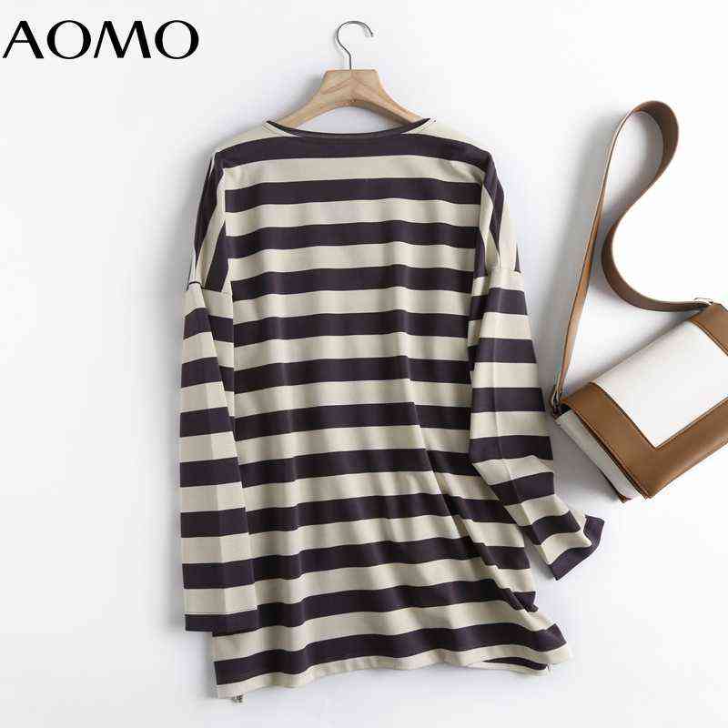 AOMO Women High Quality Striped Print Sweatshirts Oversize Long Sleeve O Neck Loose Pullovers Female Tops 6D42A 211108