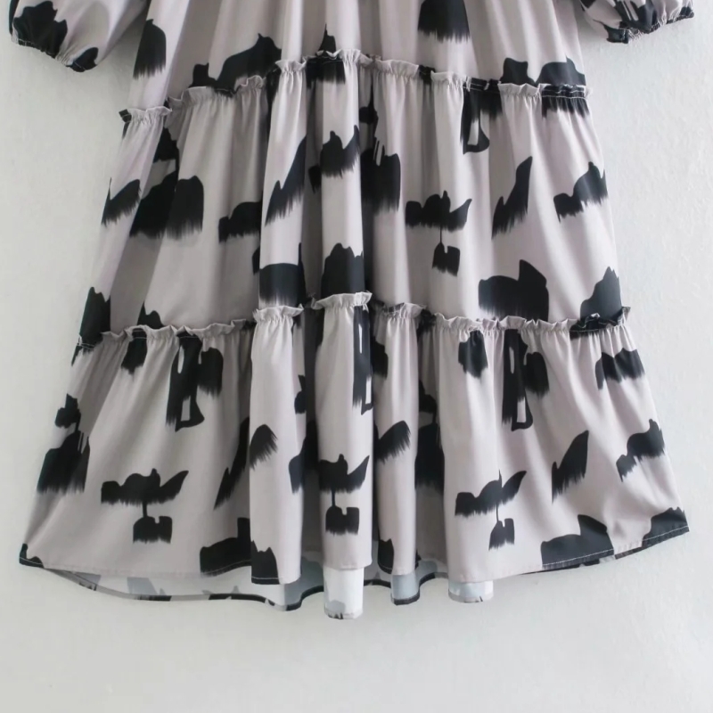 Women Ink Wash Printing Ruffle Tiered Dress Female Three Quarter Sleeve Loose Clothes Casual Lady Vestido D6707 210430Z