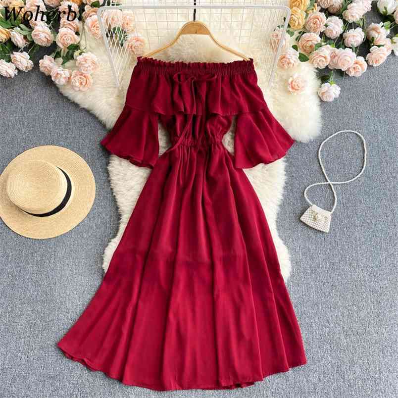 Women Dress Summer Robe Beach Style Slash Neck Off Shoulder Flared Sleeves Slim Vestidos Korean Ruffles Dresses 210519