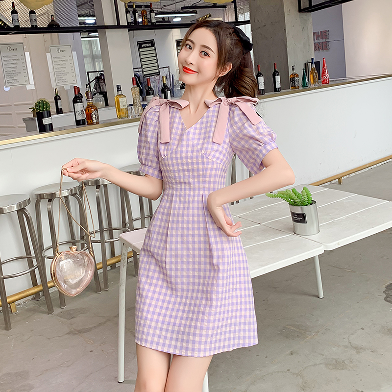 coigarsam french style plaid women one-piece dress korean new summer cute short sleeve bow v-neck dresses purple yellow 9305, Black;gray
coigarsam french style plaid women one-piece dress korean new summer cute short sleeve bow v-neck dresses purple yellow 9305, Black;gray
