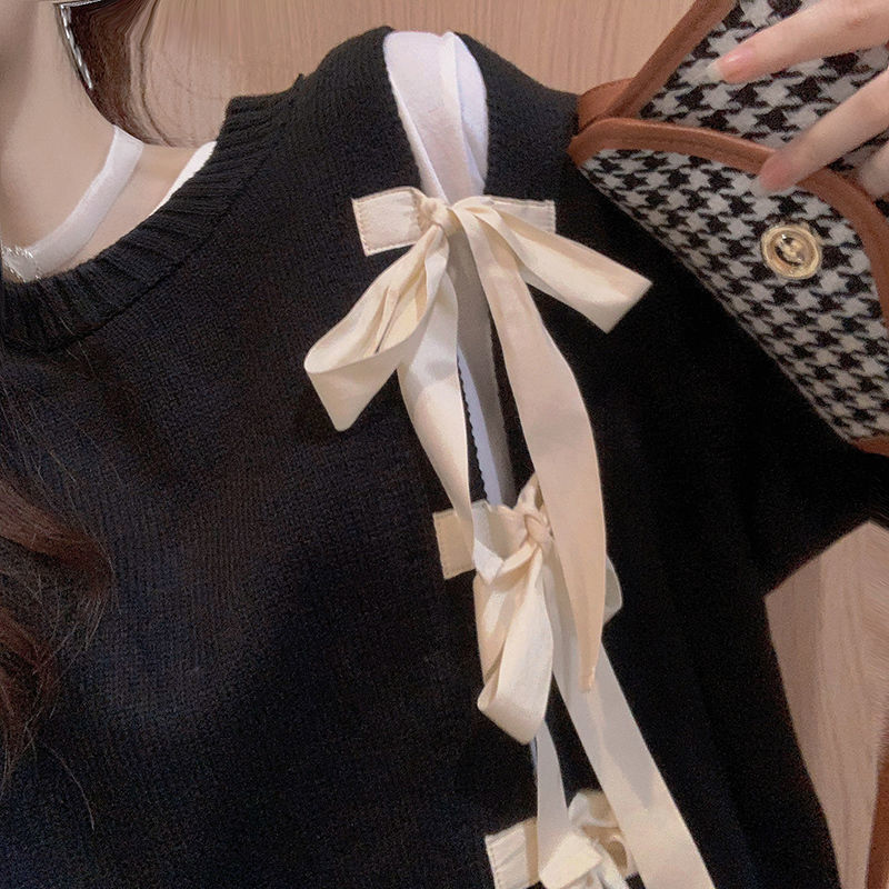 Bow Bandage Sweater Women Fall Casual O-Neck Winter Clothes Knitted Stretch Japanese Fashion Korean Tops Jumper 210519