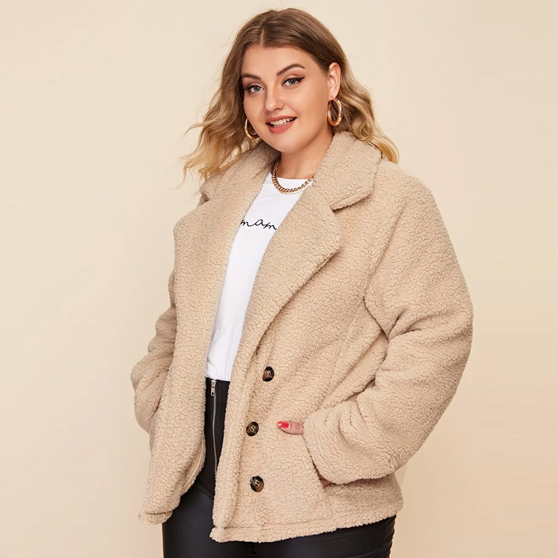 Double Breasted Lambswool Plus Size Jacket Women Casual Solid Color Oversize Coat Fashion Winter Jacket For Women New 210413