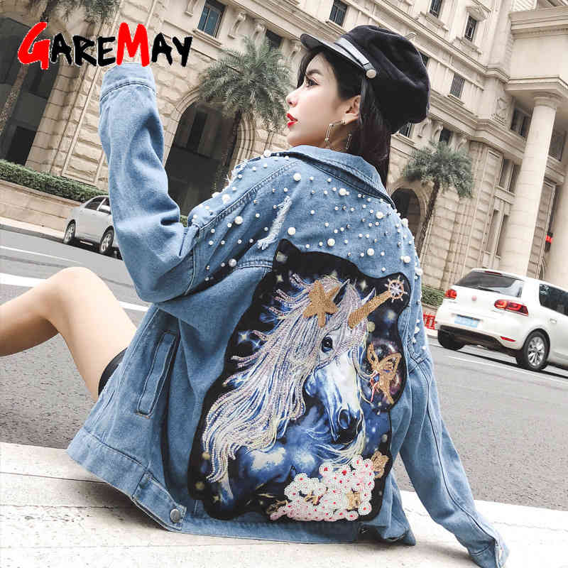 Pearl Beading Cartoon unicorn demin jacket chaquetas mujer autumn vintage Frayed Ripped Hole Jean Jacket veste femme coats 210428