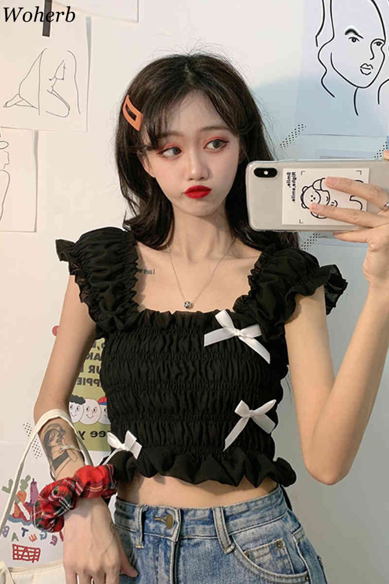 Summer Tops Solid Square Neck Short Fashion Blusas Mujer Tank Top Sweet Bow Patch Vinatge Girls Blouses Women 210519