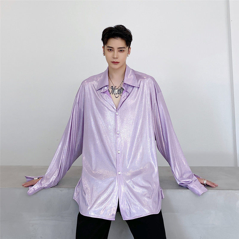 IEFB Men's Wear Oversized Spring Long Sleeve Violet Shirts Spring Blouse Shiny Color Tops Fashion Streetwear 9Y5423 210524