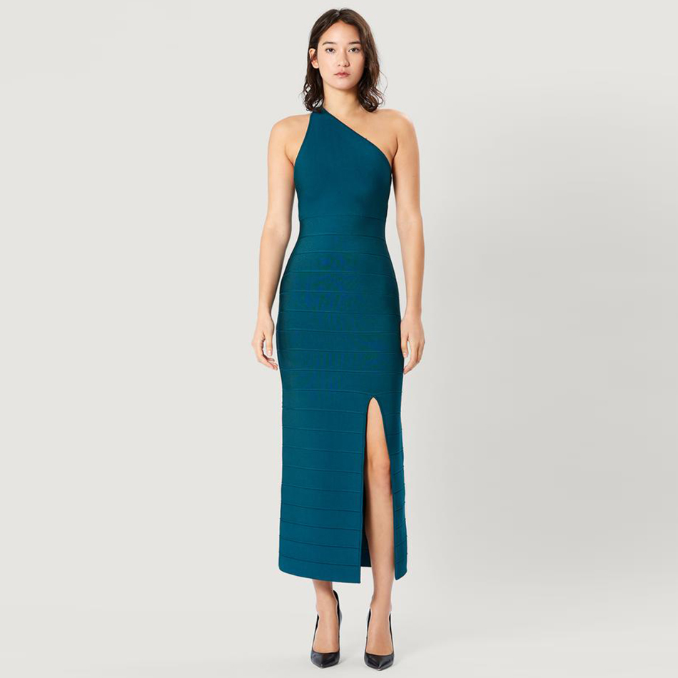 Summer Women Green One Shoulder Bodycon Bandage Dress Sexy Sleeveless Celebrity Evening Club Party Maxi Dresses 210423