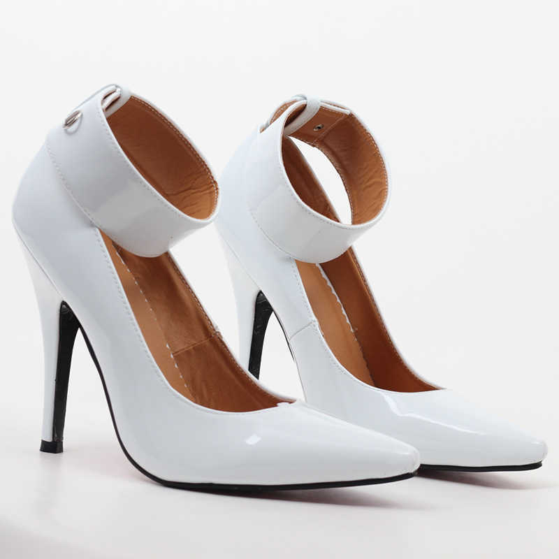 jialuowei BDSM Sexy Fetish High-Heel Pumps Lock And Key 5" High Heels Pointed Toe Ankle Strap Padlocks Shoes Plus size 36-46 210907