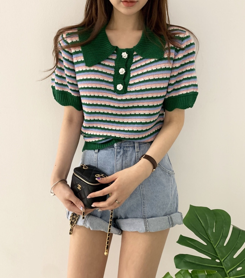 Summer Striped Knitted Sweater Knitwear Women Short Sleeve Turn-down Collar Buttons Pullover Tops Korean Vintage Fashion Jumpers 210514