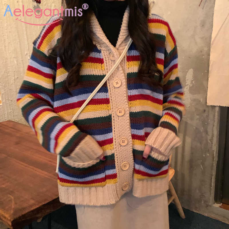 Aelegantmis Button Rainbow Sweater Cardigan Women Kawaii Colorful Korean Vintage Patchwork Loose Female Knit Striped 210607, As shown
Aelegantmis Button Rainbow Sweater Cardigan Women Kawaii Colorful Korean Vintage Patchwork Loose Female Knit Striped 210607, As shown