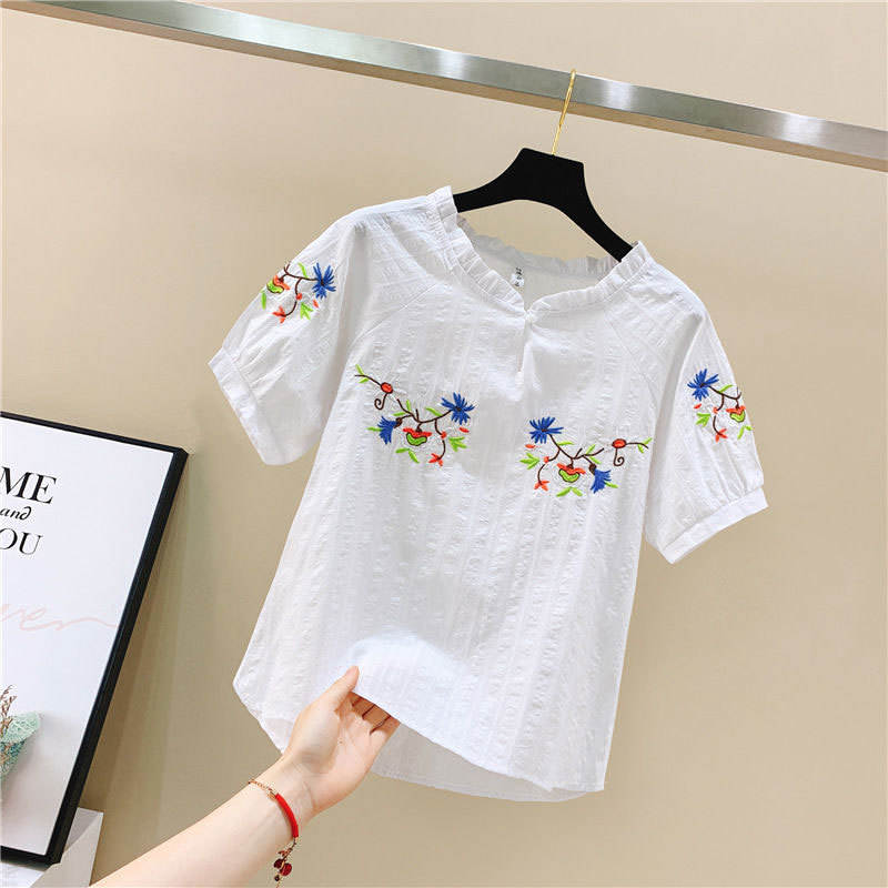 Spring Summer Korea Fashion Women Shirt Plus Size Long Sleeve Floral Embroidery Blouse Loose Casual Cotton Ladies Tops D121 210512