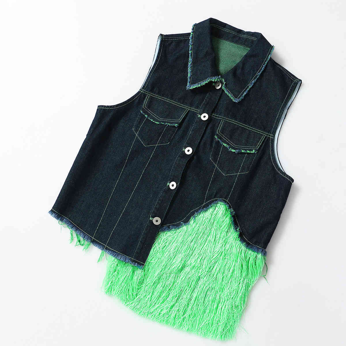 DEAT New Spring Summer Fashion Casual Sleeveless Single Breasted Slim Green Tassel Vest Skirt Denim Two Piece Set SJ942 210428