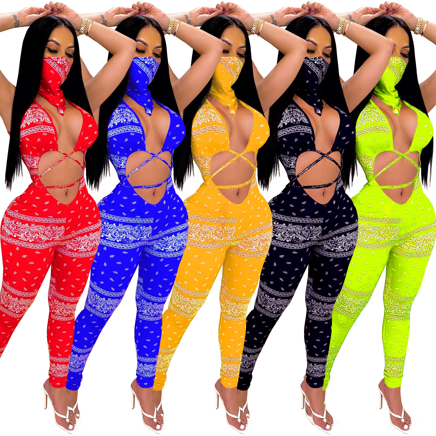 Cutubly Bandana Scarf Print Sexy Jumpsuits for Women Hollow Out With Mask Playsuit 2021 New Fashion Bandage Women Sexy Jumpsuit, Black
Cutubly Bandana Scarf Print Sexy Jumpsuits for Women Hollow Out With Mask Playsuit 2021 New Fashion Bandage Women Sexy Jumpsuit, Black