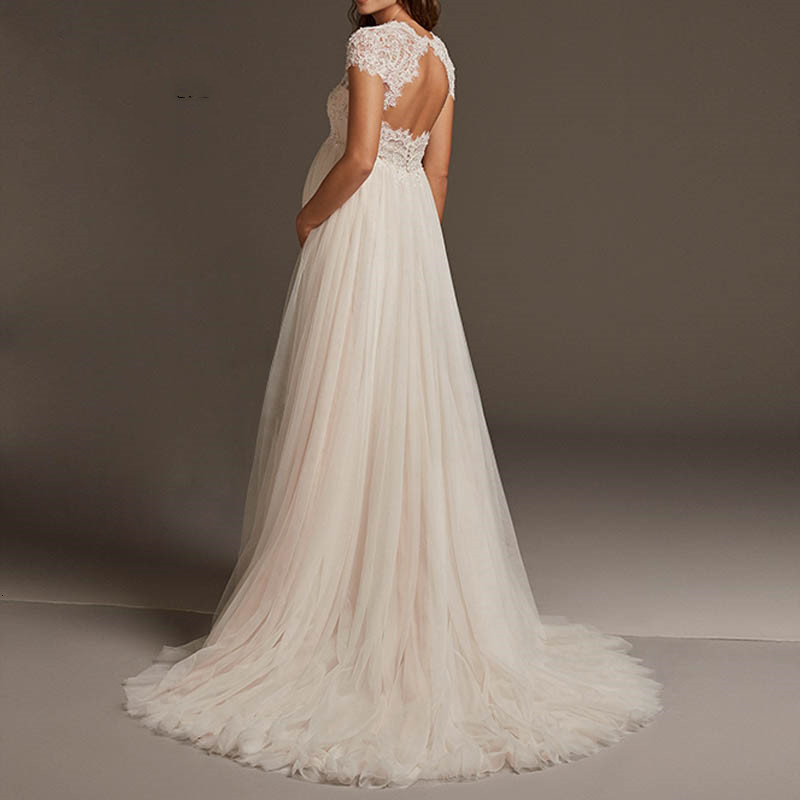Vestido Noiva Bohemian Tulle Lace Pregnant Wedding Dress Cap Sleeve Open Back Maternity Bridal Gown For Robe De Mariee