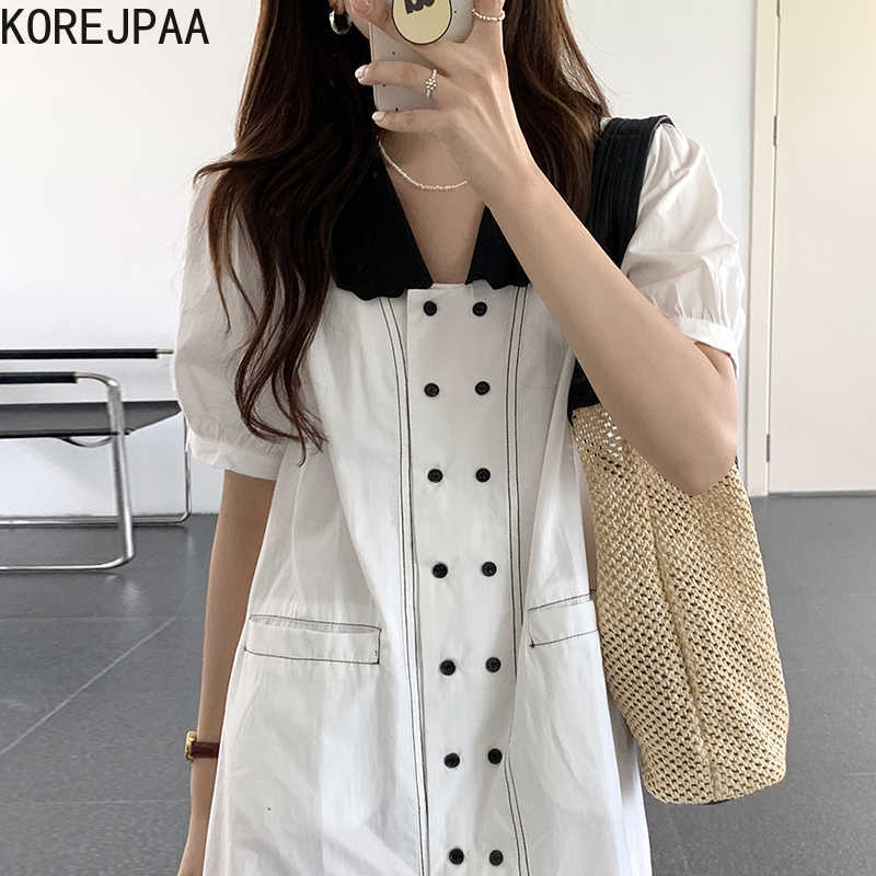 Korejpaa Women Dress Summer Girl French Niche Doll Collar Contrast Line Loose Straight Double-Breasted Puff Sleeve Vestidos 210526, Black
Korejpaa Women Dress Summer Girl French Niche Doll Collar Contrast Line Loose Straight Double-Breasted Puff Sleeve Vestidos 210526, Black