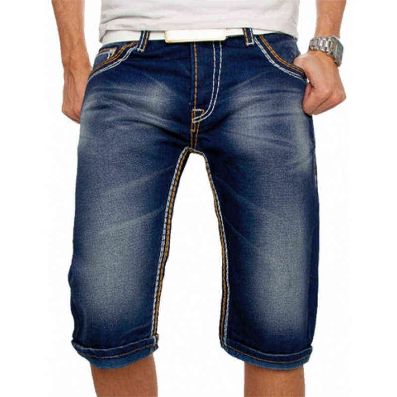 Men Jeans Shorts Summer Casual Straight Denim Shorts Streetwear Male Loose Knee Length Loose Jean Pants Black Blue Pocket 211120