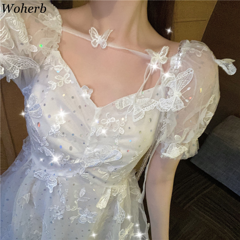 Dress Women Elegant Gauze Butterfly White Robe Embroidery Sweet Puff Sleeve Vestidos Sequins Patchwork Lace-up Dresses 210519