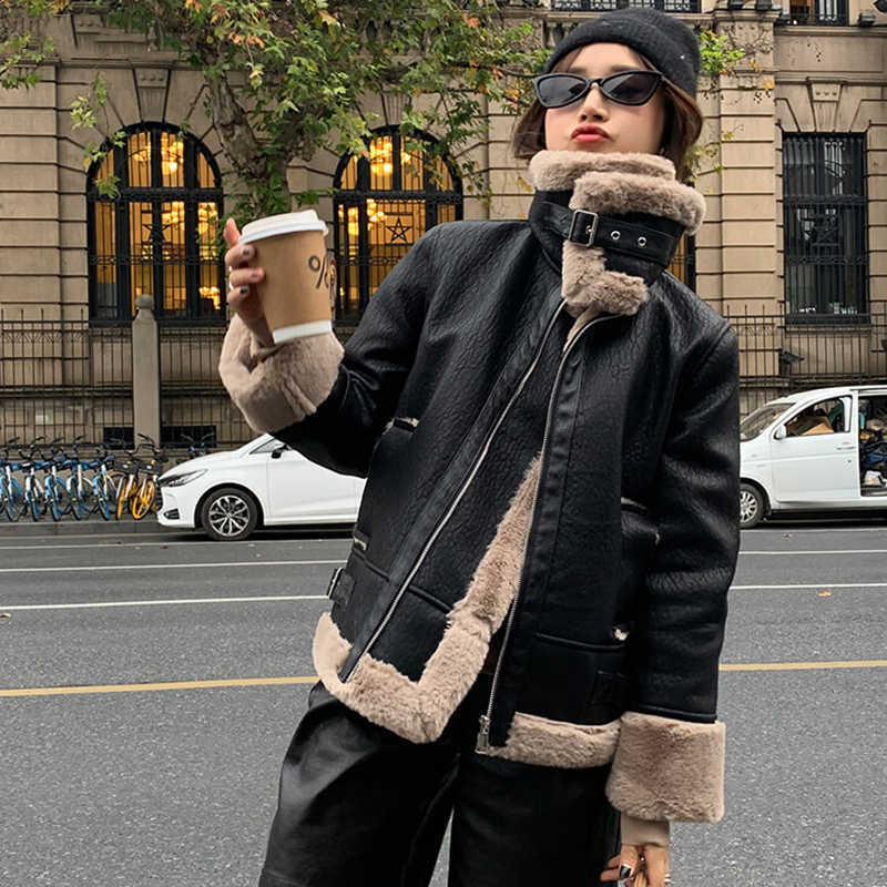 LY VAREY LIN Winter Women Thick Warm Moto Faux Leather OverCoat Loose Zipper Locomotive Lapel Coat PU Jacket 210526