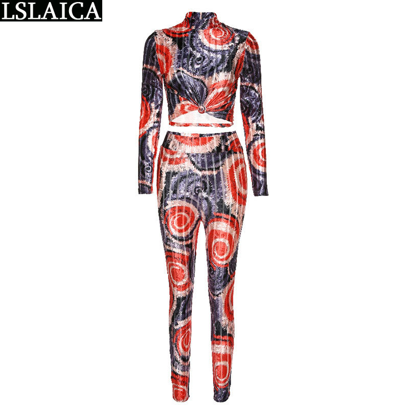 2 piece outfits for women long sleeve print tops&long pants slim elegant casual two set outfit top and 210515