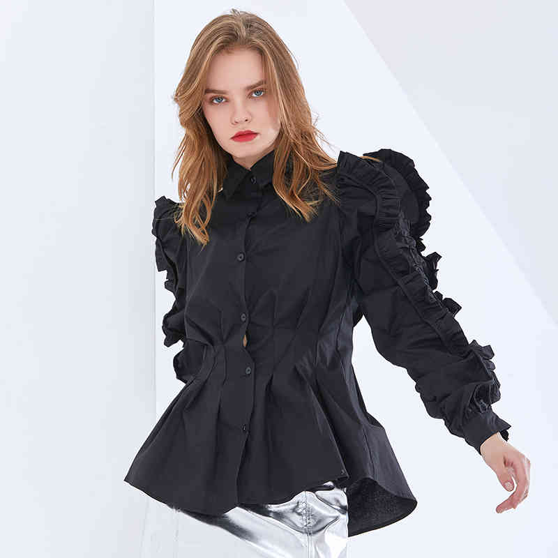 Elegant Solid Shirt For Women Lapel Ruffle Sleeve Tunic Minimalist Blouse Female Fashion Clothing Spring 210524