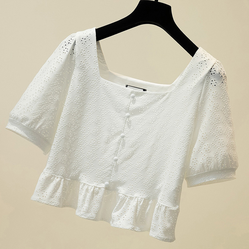 Solid Plus Size Short Sleeve Chiffon Blouses Women Elegant White Shirts Blusas Mujer De Moda Loose Hollow Out Tops 10246 210506