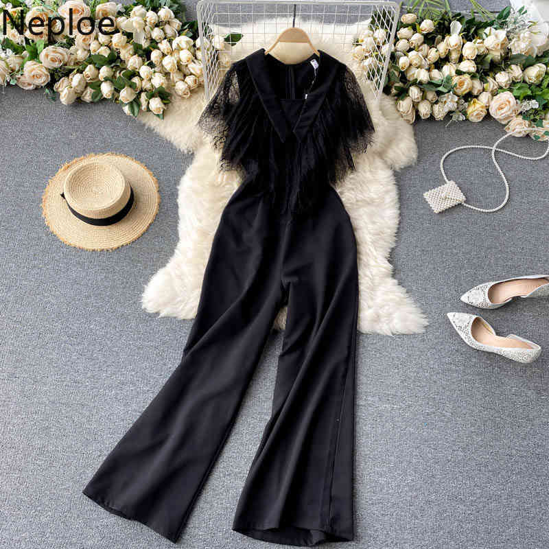 Neploe Women Jumpsuits Vintage Lace Ruffle Patchwork Tank Rompers Elegant V Neck Sleeveless Summer Beach Slim Wide Leg Pants 210422