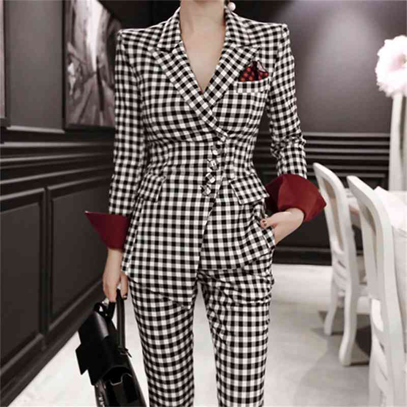 Fashion Business Pant Suits Formal women Plaid single-breasted Jacket and Long Blazer Set Women Office OL 2 Pieces Suit 210519