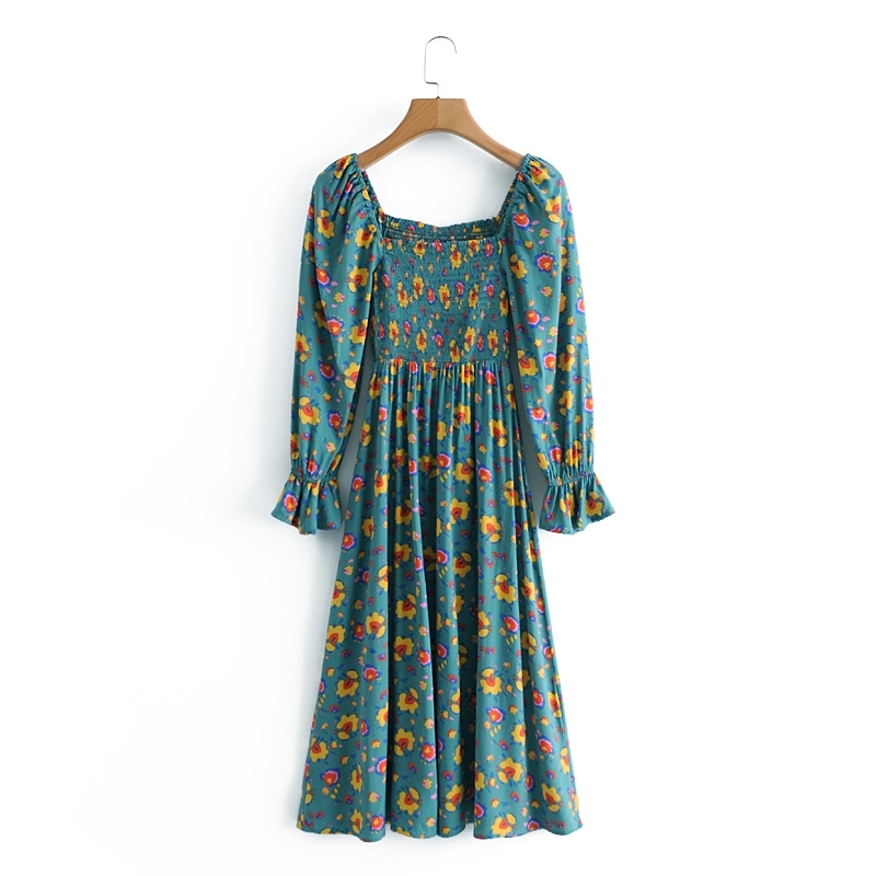 Fashion Boho Style Vintage Floral Print Midi Dress Women Summer Holiday Chic Elastic Chest Long Sleeve Split Dresses 210508