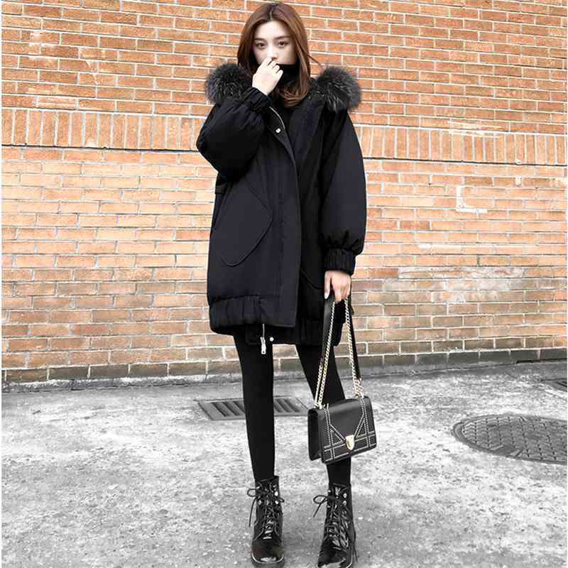 Winter Coat and Jacket Women Fur Collar Long Hooded Parka Black Warm Korean Fashion Plus Size Duck Down Female 210428