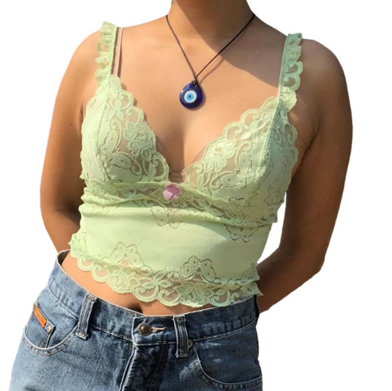 Women Sexy Camisole Adults Casual Butterfly Pattern V-neck Lace Trim Tank Top (Green) Women's Tanks & Camis