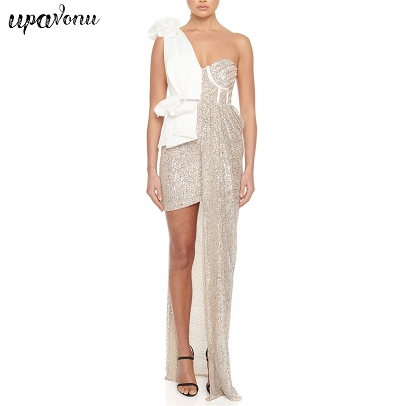 Free Silver One Shoulder Sequin Dress Women Sexy Bodycon Draped Long Club Celebrity Party Vestidos 210524