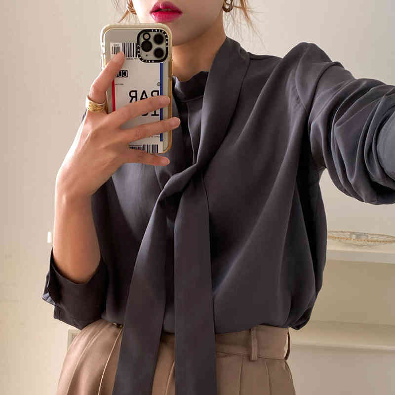 Chic Women Bow Bandage Stand Collar Blouses Solid Casual Retro Sweet Elegant Blouse Korean All Match Tops Shirt 210519