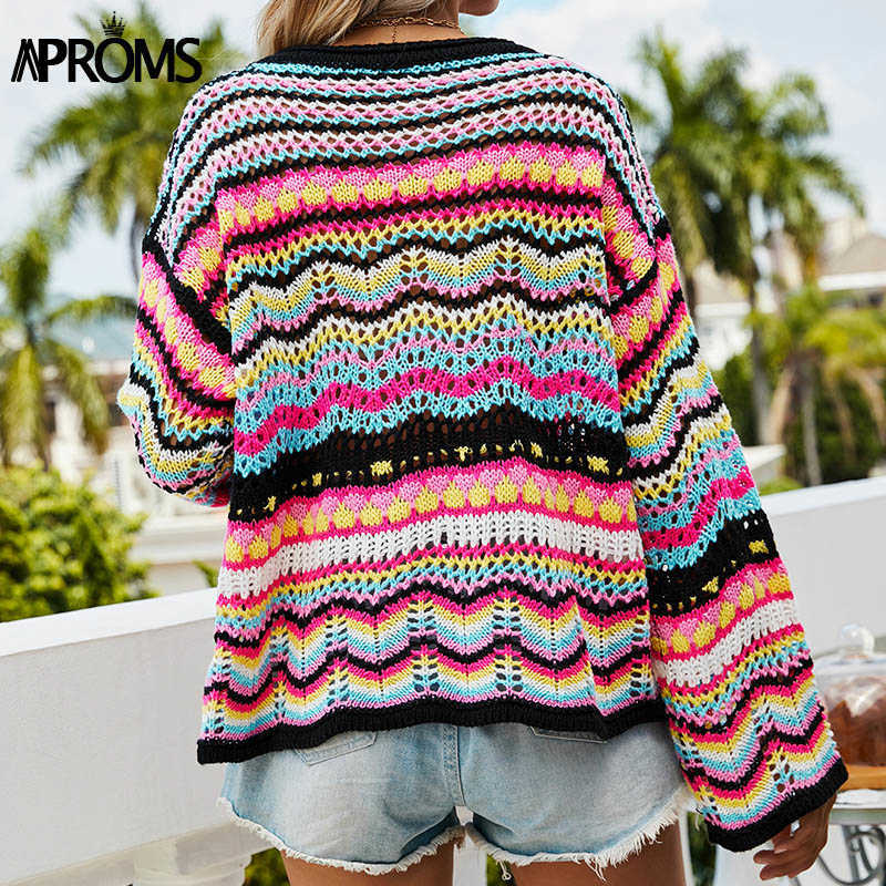 Aproms Multi Color Blocked Knitted Pullover Women Summer Casual Flare Sleeve Hollow Out Sweater Cool Girls Fashion Jumper 211007